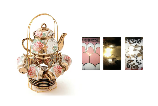 Elegant Teapot and Tea Cup Set with Saucers Set of 13 Assorted Designs