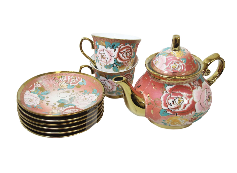 Elegant Teapot and Tea Cup Set with Saucers Set of 13 Assorted Designs