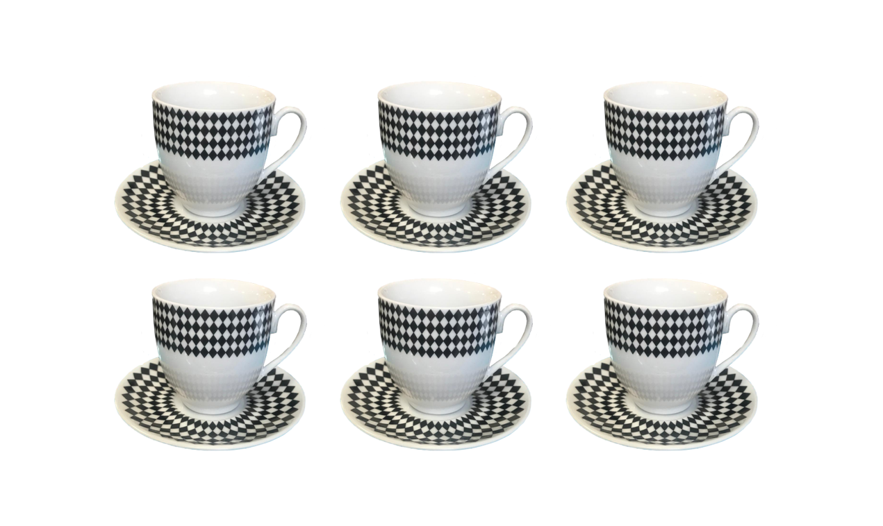 Elegant Coffee Tea Cup Mug Set with Saucers Set of 12 BlackWhite Assorted Designs