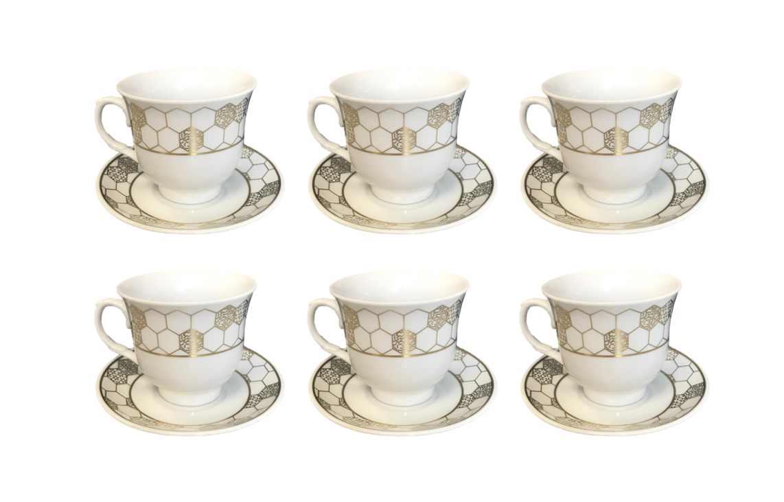 Elegant Coffee Tea Cup Saucer Set Pack of 12 GoldWhite Assorted Designs