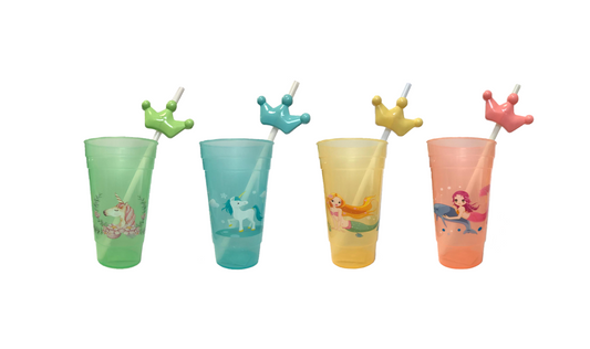 Colorful Reusable Plastic Drinking Cup with Straw Assorted Designs