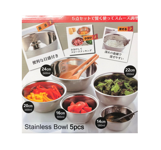 Professional Stainless Steel Mixing Bowl Set of 5 Assorted Sizes