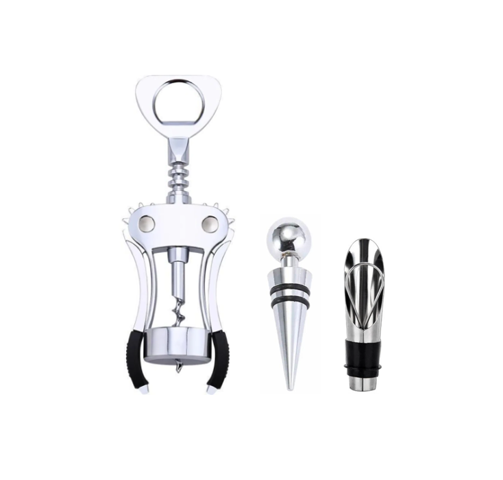 Metal Wing Corkscrew Wine Opener Set with Stopper Pourer