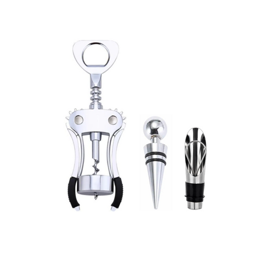 Metal Wing Corkscrew Wine Opener Set with Stopper Pourer