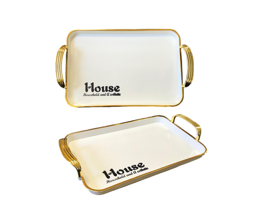 Elegant Gold Rim Rectangular Serving Tray with Handles