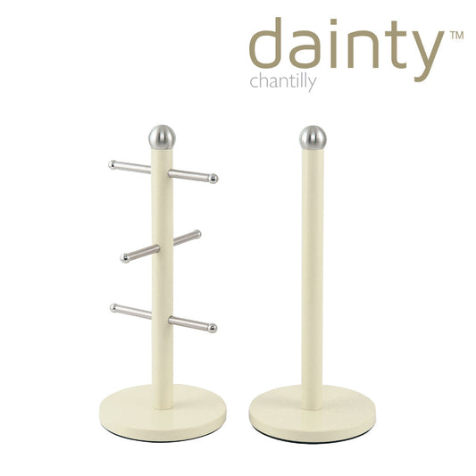 Elegant Dainty Kitchen Roll Holder Mug Tree Set in Chantilly Cream
