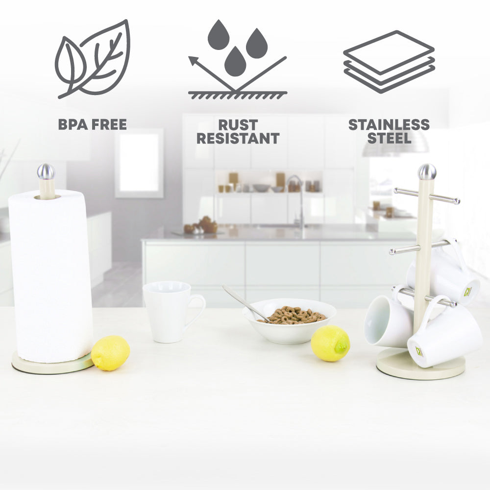 Elegant Dainty Kitchen Roll Holder Mug Tree Set in Chantilly Cream