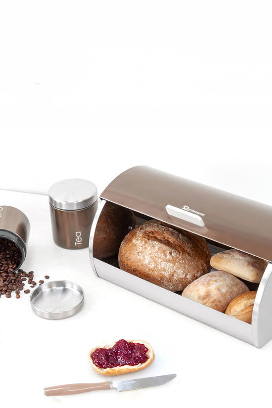 SQ Professional Gems Metal Bread Bin with 3 Canisters Axinite Tea Coffee Sugar Storage Set