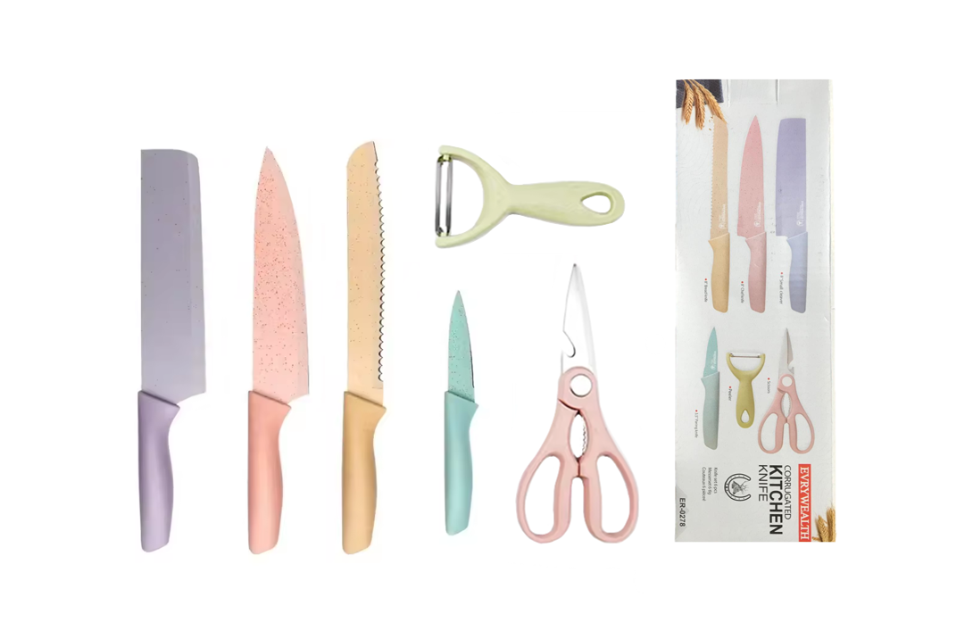 6Piece Kitchen Knife Set with Scissors in Assorted Pastel Colors
