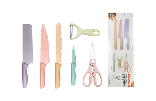 6Piece Kitchen Knife Set with Scissors in Assorted Pastel Colors
