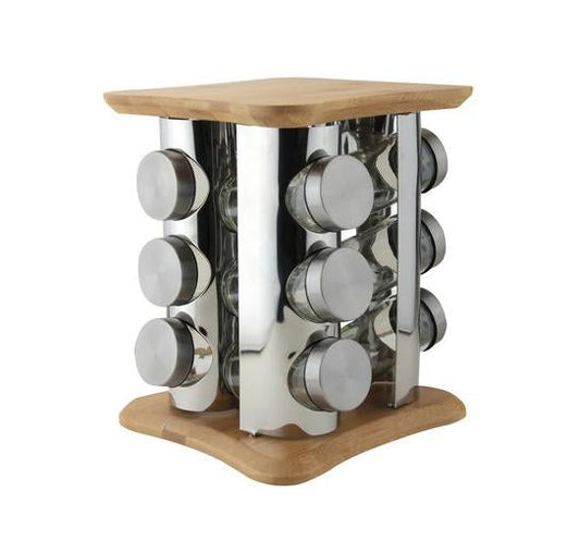Wooden and Stainless Steel Spice Rack with 12 Glass Jars