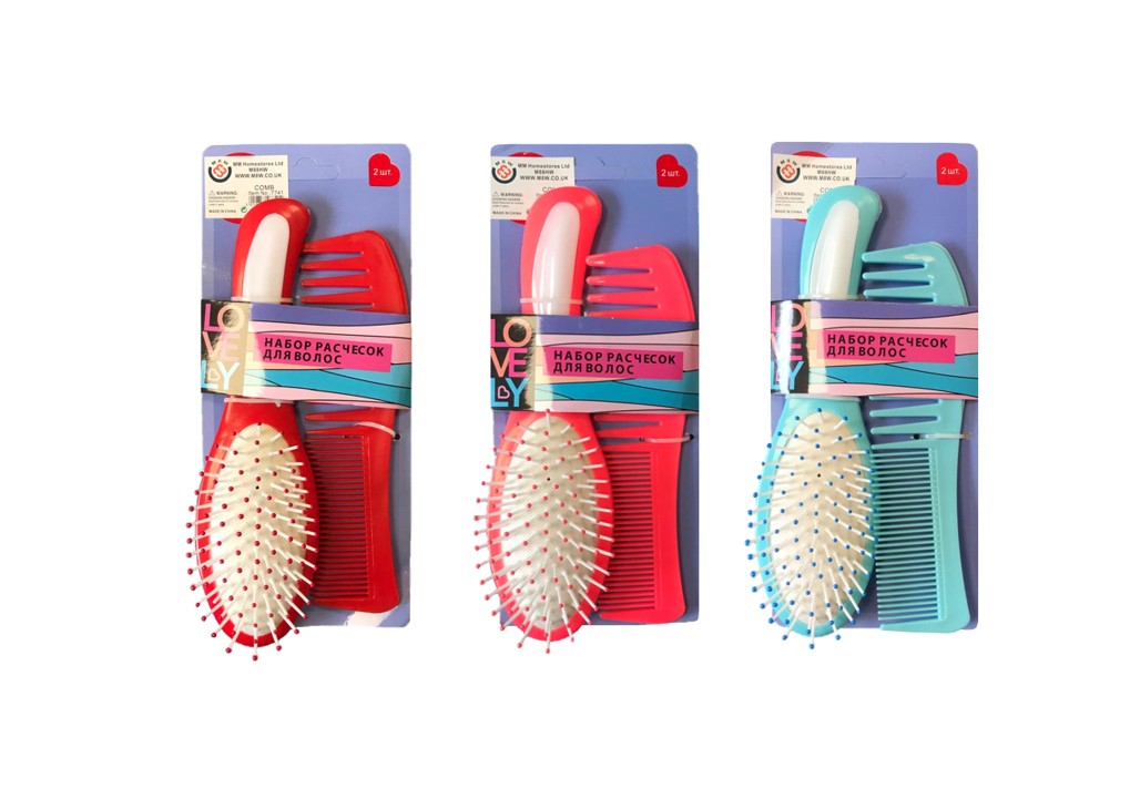 2Piece Plastic Hairbrush and Comb Set Assorted Colors