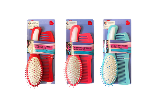 2Piece Plastic Hairbrush and Comb Set Assorted Colors
