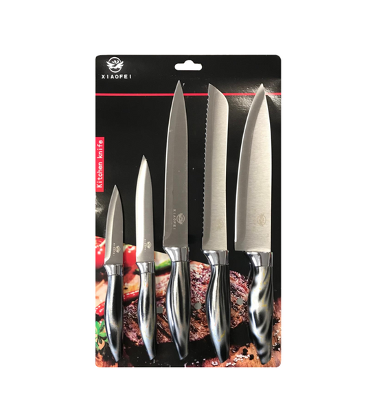5Piece Steel Kitchen Knife Set with Assorted Printed Handles