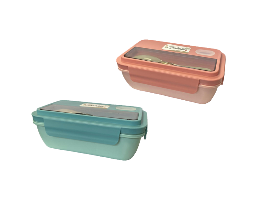 Plastic 2 Compartment Lunch Box with Spoon Assorted Colors