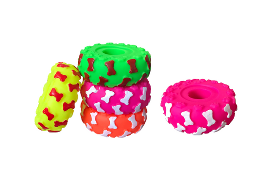 Squeaky Wheel Tyre Dog Toy with Bone Print Assorted Colors