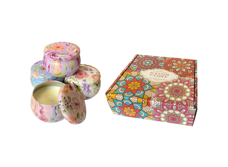 Floral Print Scented Candle in Metal Jar 45cm Gift Box Set