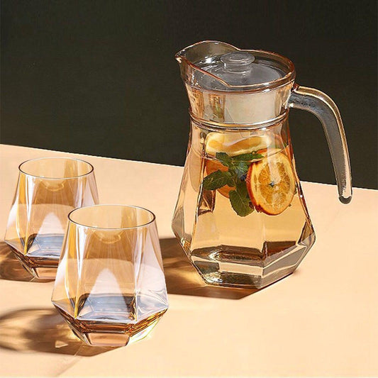 Elegant Hexagonal Glass Water Jug and Cups Set in Copper Orange 5pcs