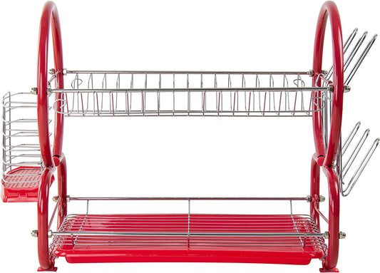 Red 2Tier Kitchen Dish Drainer Rack Metal and Plastic Organizer