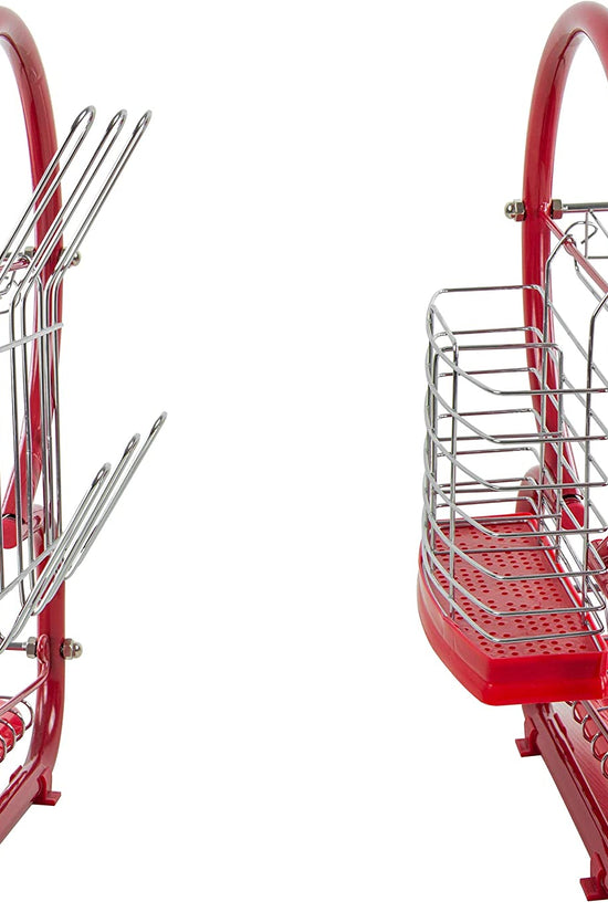 Red 2Tier Kitchen Dish Drainer Rack Metal and Plastic Organizer