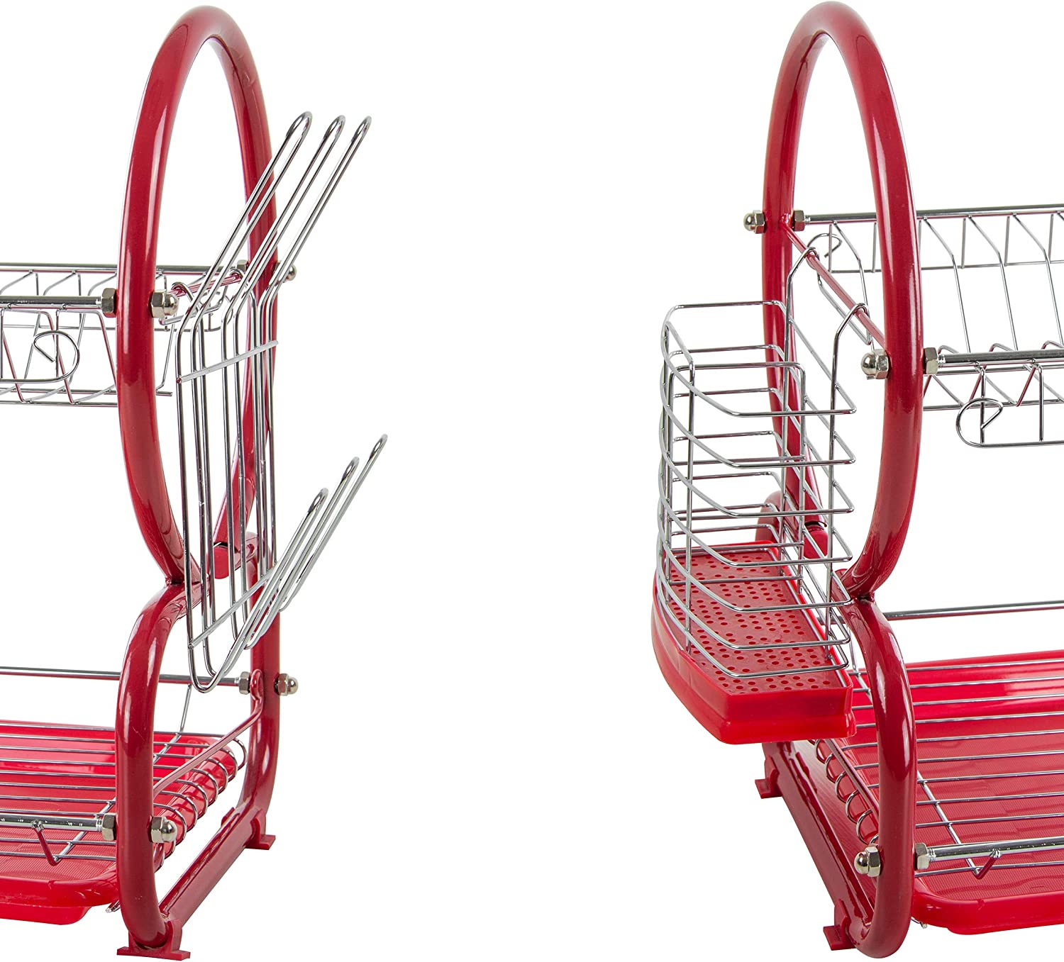 Red 2Tier Kitchen Dish Drainer Rack Metal and Plastic Organizer