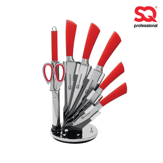 SQ Professional Stainless Steel Kitchen Knife Set of 8 in Red