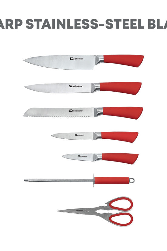 SQ Professional Stainless Steel Kitchen Knife Set of 8 in Red