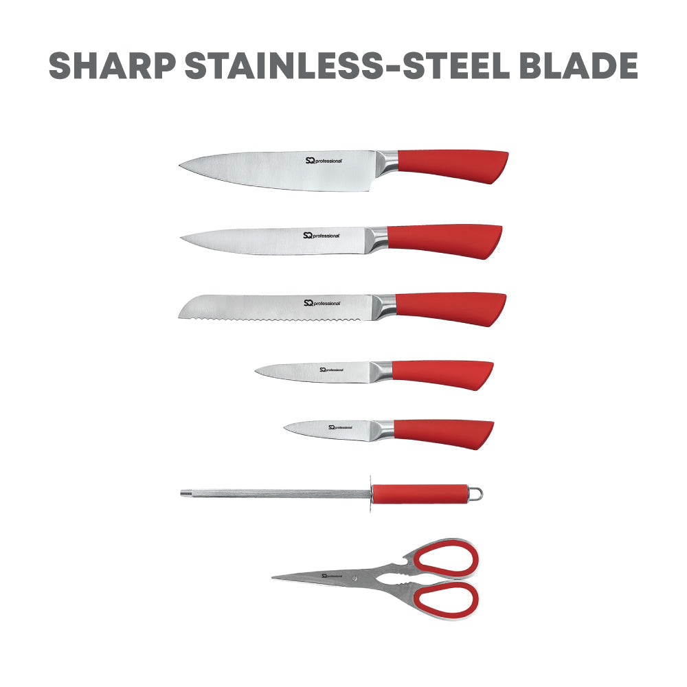 SQ Professional Stainless Steel Kitchen Knife Set of 8 in Red