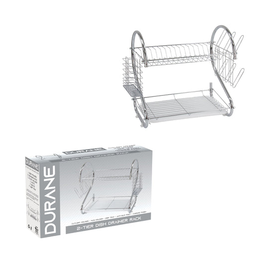 2 Tier Chrome Dish Drainer Rack with Cutlery Holder