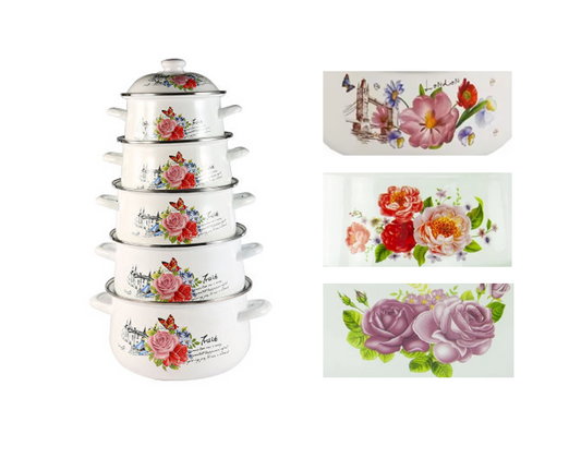 5Piece Enamel Cooking Pot Set Floral Design