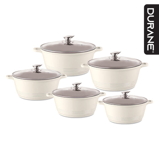 Durane Die Cast Stock Pot Set 5Piece Cream Cookware Collection