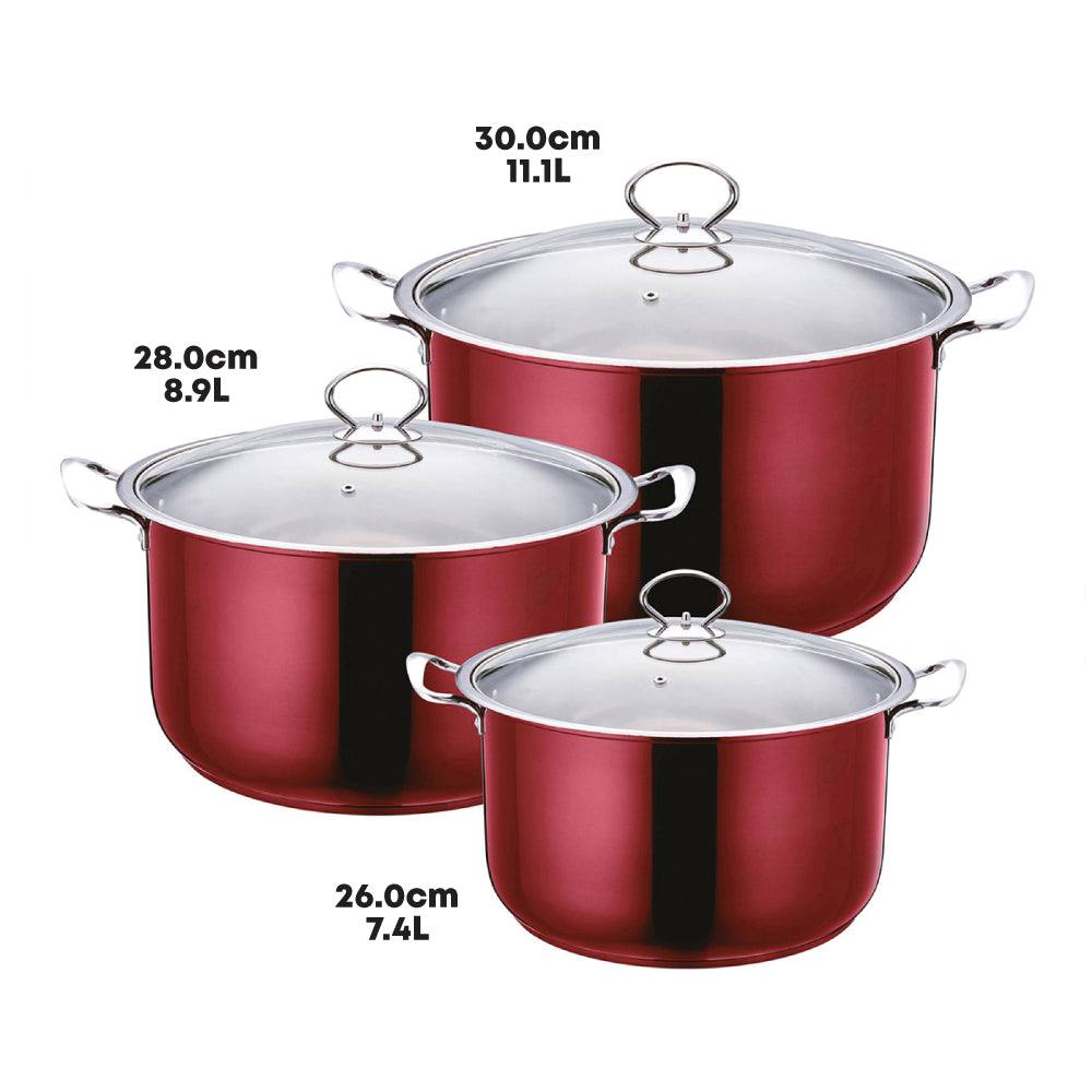 SQ Professional Gems Metallic Stockpot Set Ruby Red Set of 3