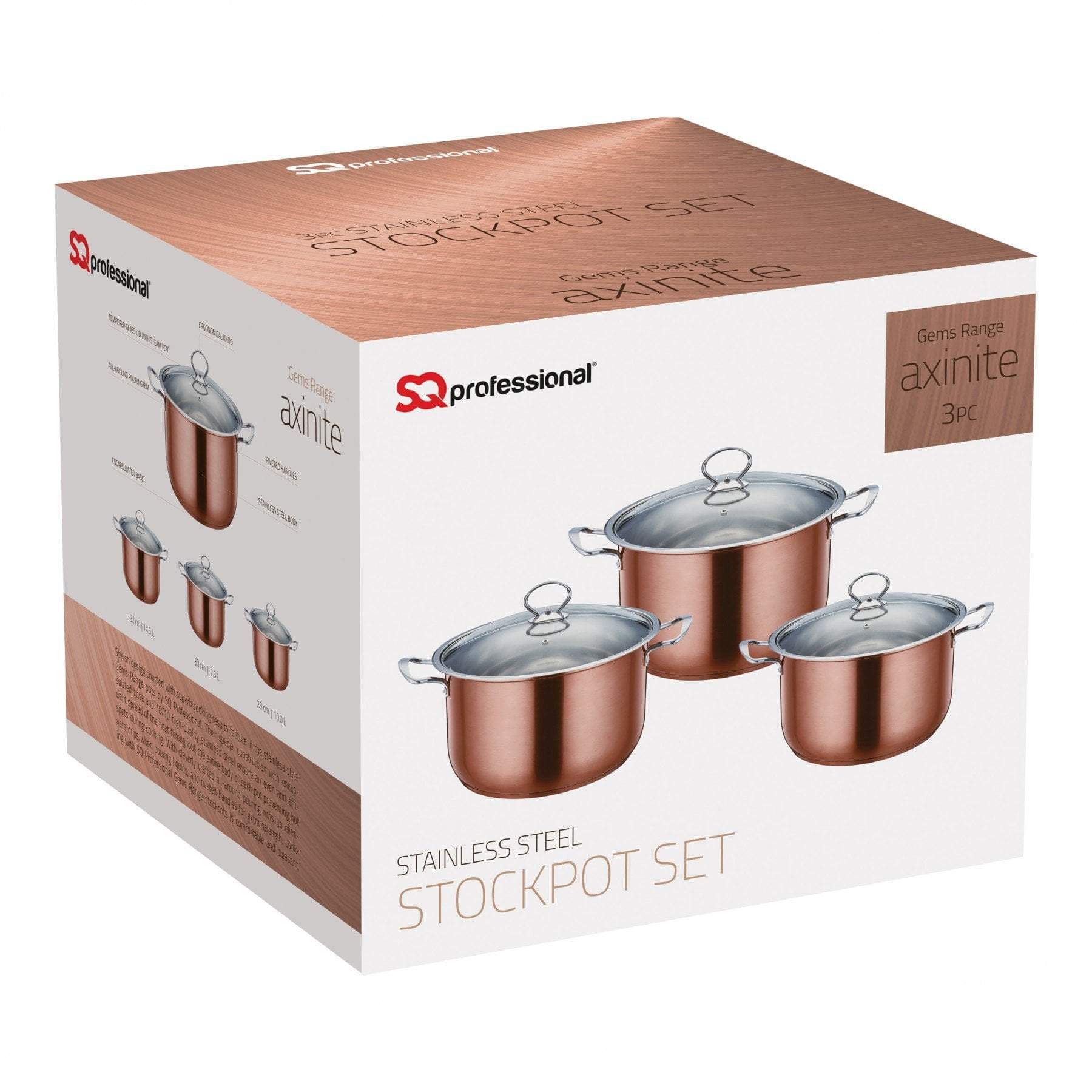 SQ Professional Stainless Steel Gems Range Axinite 3 Piece Stock Pot Set