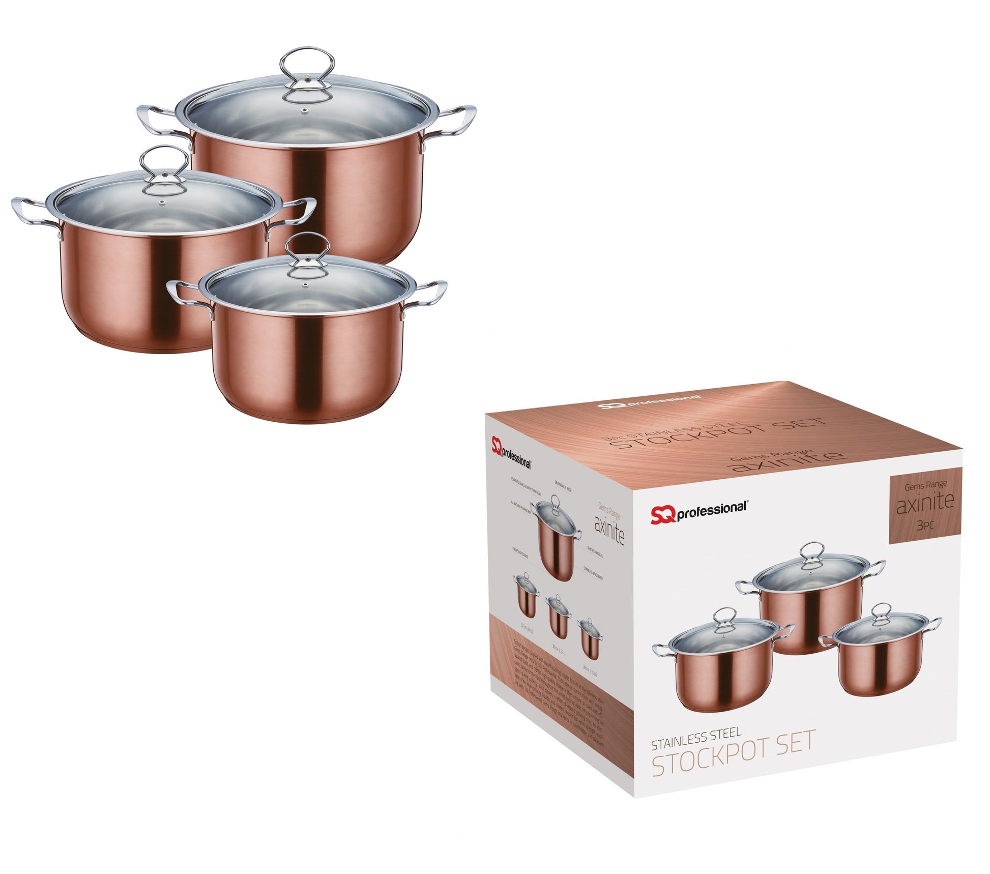SQ Professional Stainless Steel Gems Range Axinite 3 Piece Stock Pot Set