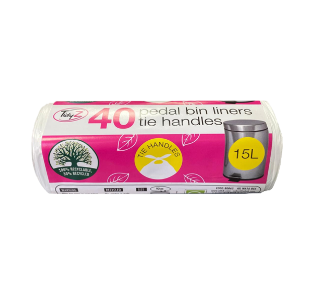 15L Pedal Bin Bag Liners with Tie Handles Roll of 40