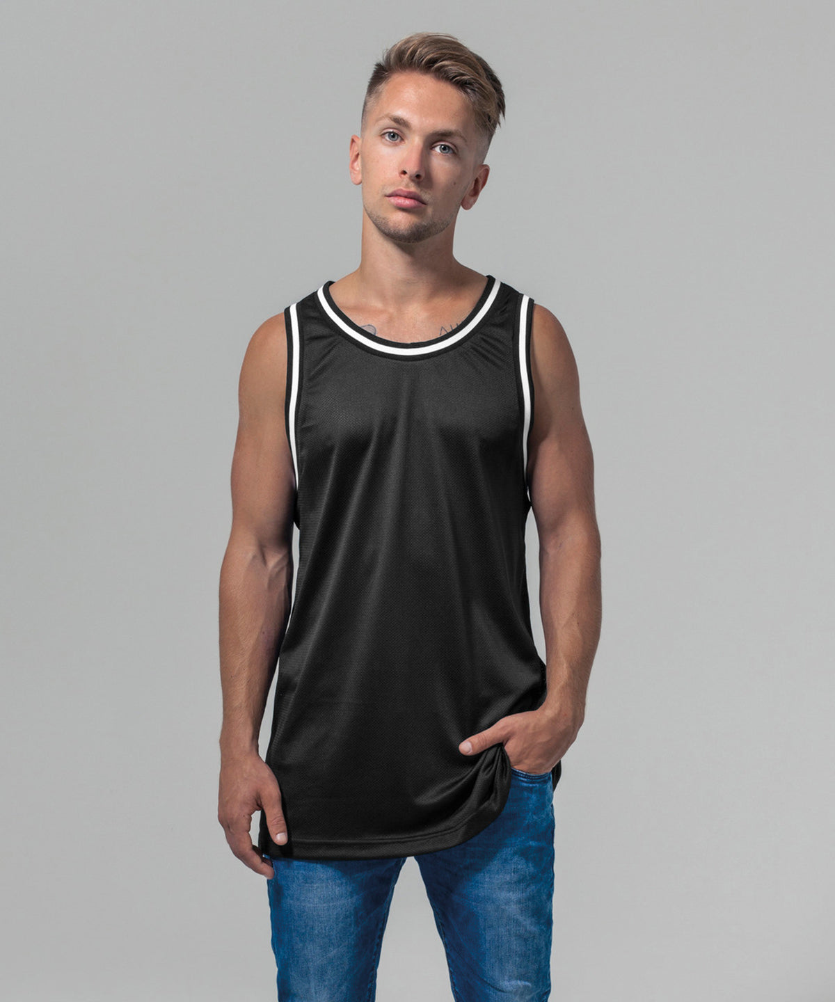 Mens Mesh Tank Top Vests Long Cut No Branding Contrasting Cuffs