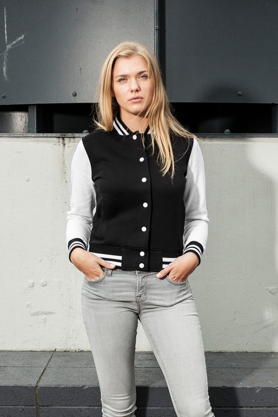 Womens College Style Sweat Jacket with Striped Rib Cuffs