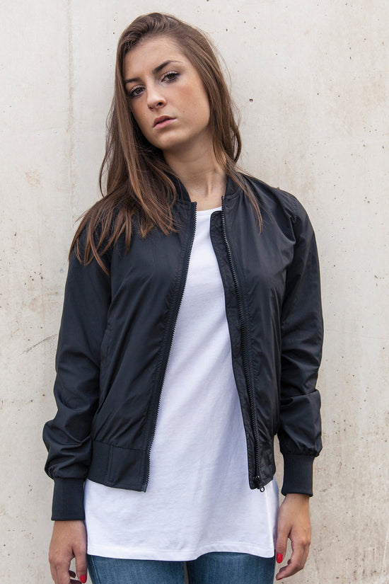 Womens Nylon Bomber Jacket Classic Style with Ribbed Collar Cuffs
