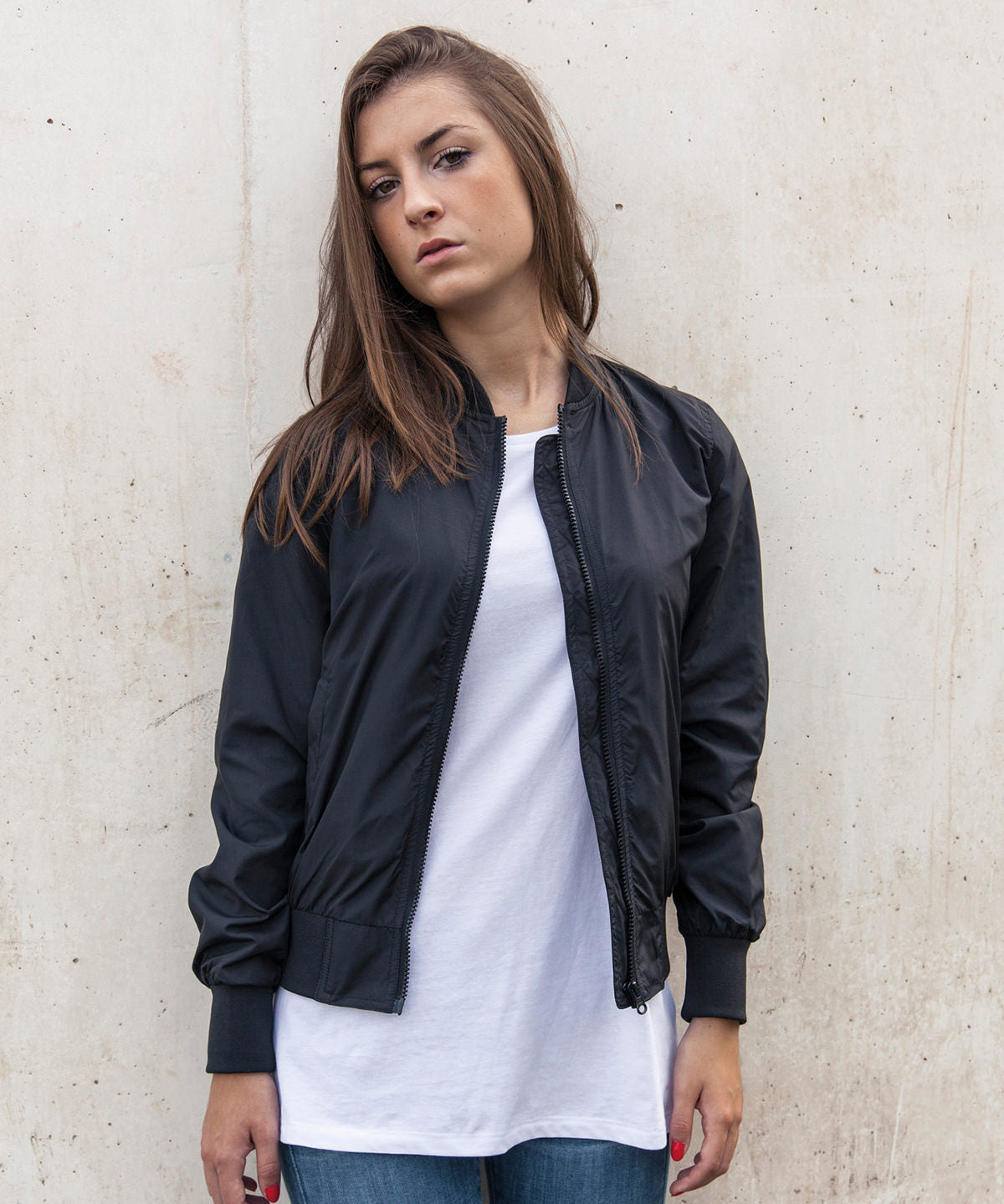 Womens Nylon Bomber Jacket Classic Style with Ribbed Collar Cuffs