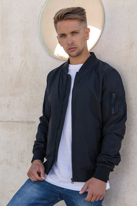 Mens Nylon Bomber Jacket with Ribbed Hem and Side Pockets