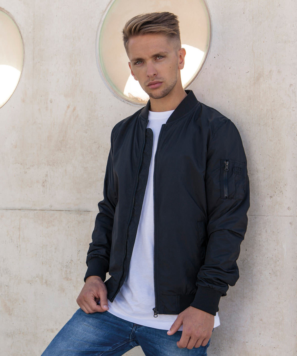 Mens Nylon Bomber Jacket with Ribbed Hem and Side Pockets