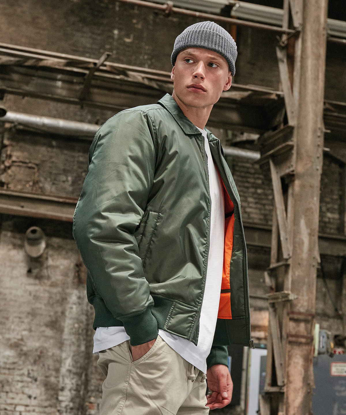 Mens Collar Bomber Jacket with Orange Lining