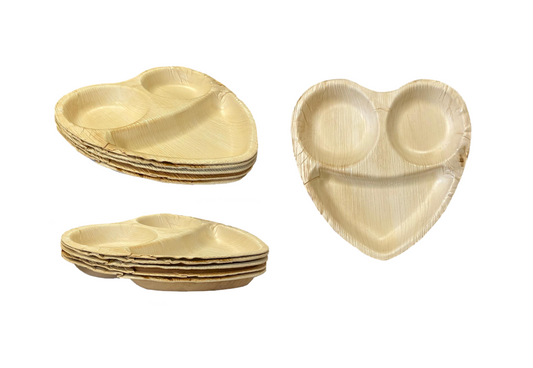 EcoFriendly Biodegradable Areca Palm Leaf Heart Plates 3 Compartment 10 Pack of 5