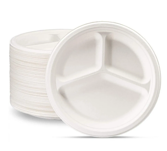 EcoFriendly Bagasse Sugarcane 3 Compartment Plates Pack of 50