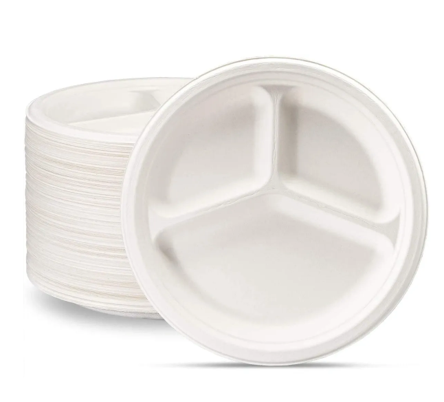 EcoFriendly Bagasse Sugarcane 3 Compartment Plates Pack of 50