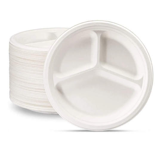 EcoFriendly Bagasse Sugarcane 3 Compartment Plates Pack of 50