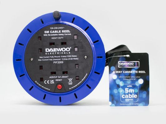 Daewoo 4 Way Gang Extension Lead Reel 5 Metre Cord