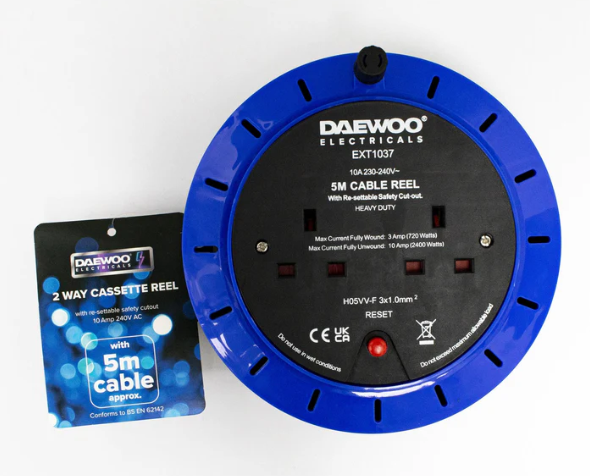Daewoo 2 Way Gang Extension Lead Cassette Reel 5m