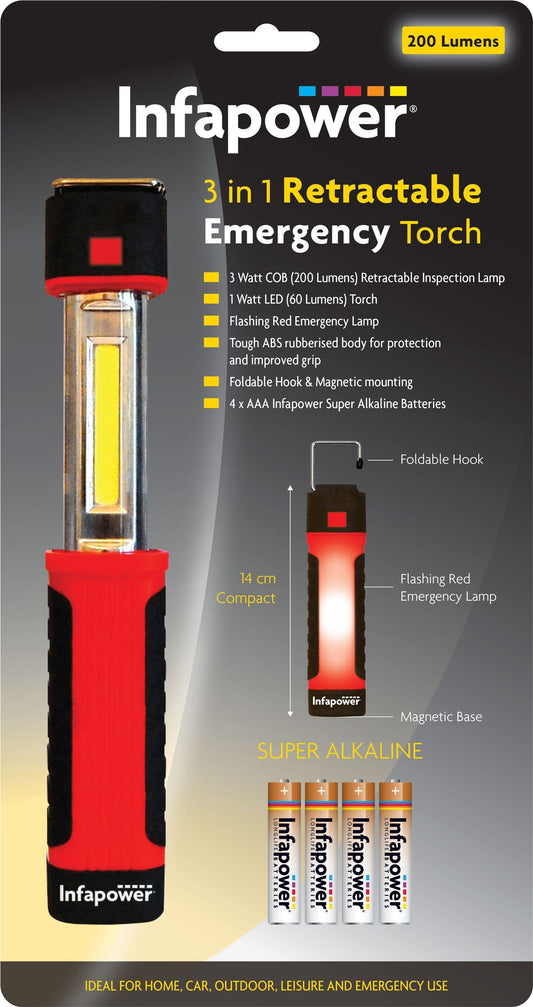 3in1 Retractable Emergency Torch Flashlight Work Light Beacon