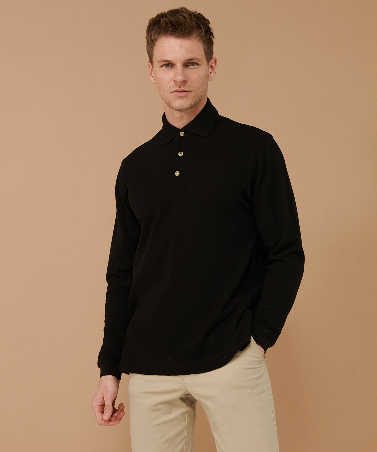 Henbury Long Sleeve Cotton Polo Shirt for Men